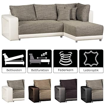 CAVADORE Schlafsofa Irriba mit Longchair rechts oder links / Ecksofa im Materialmix mit Kunstleder / Inkl. Bettkasten und Reg
