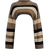 MakeMeChic Women's Striped Crop Sweater Crew Neck Long Sleeve Y2k Pullover Tops Knitwear