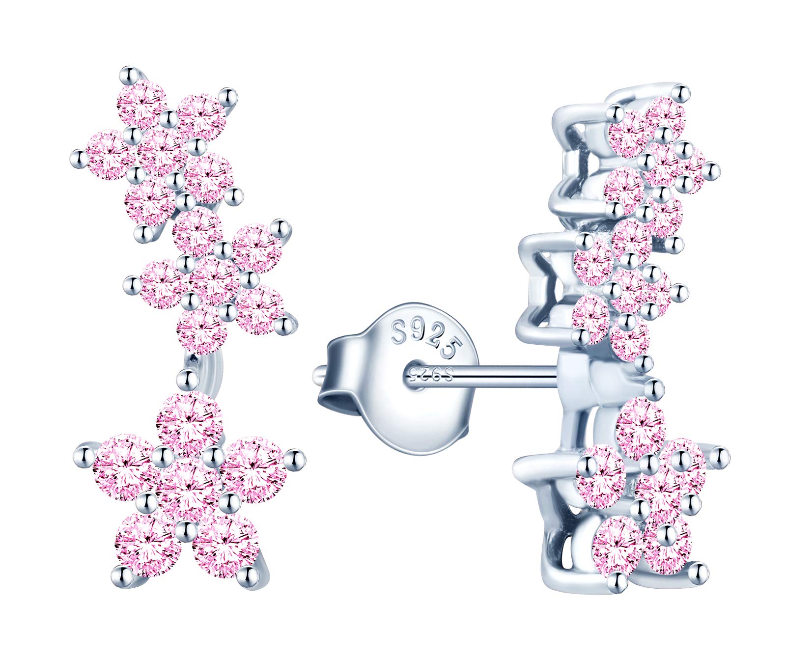 MicVivien Flower Cubic Zirconia Climber Earrings in 925 Sterling Silver Hypoallergenic Ear Crawler Earrings, Cuff Wrap Ear Vines Climbers Stud Earrings for Women Teen Girls