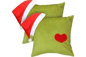VioraWhite 2 Pcs 18 X18 Inch Christmas Decorative Throw Pillow Cover Christmas Lime Green Plush Pillow Covers Xmas Santa Hat Green Cushion Pillowcases for Couch Winter Holiday Decorations