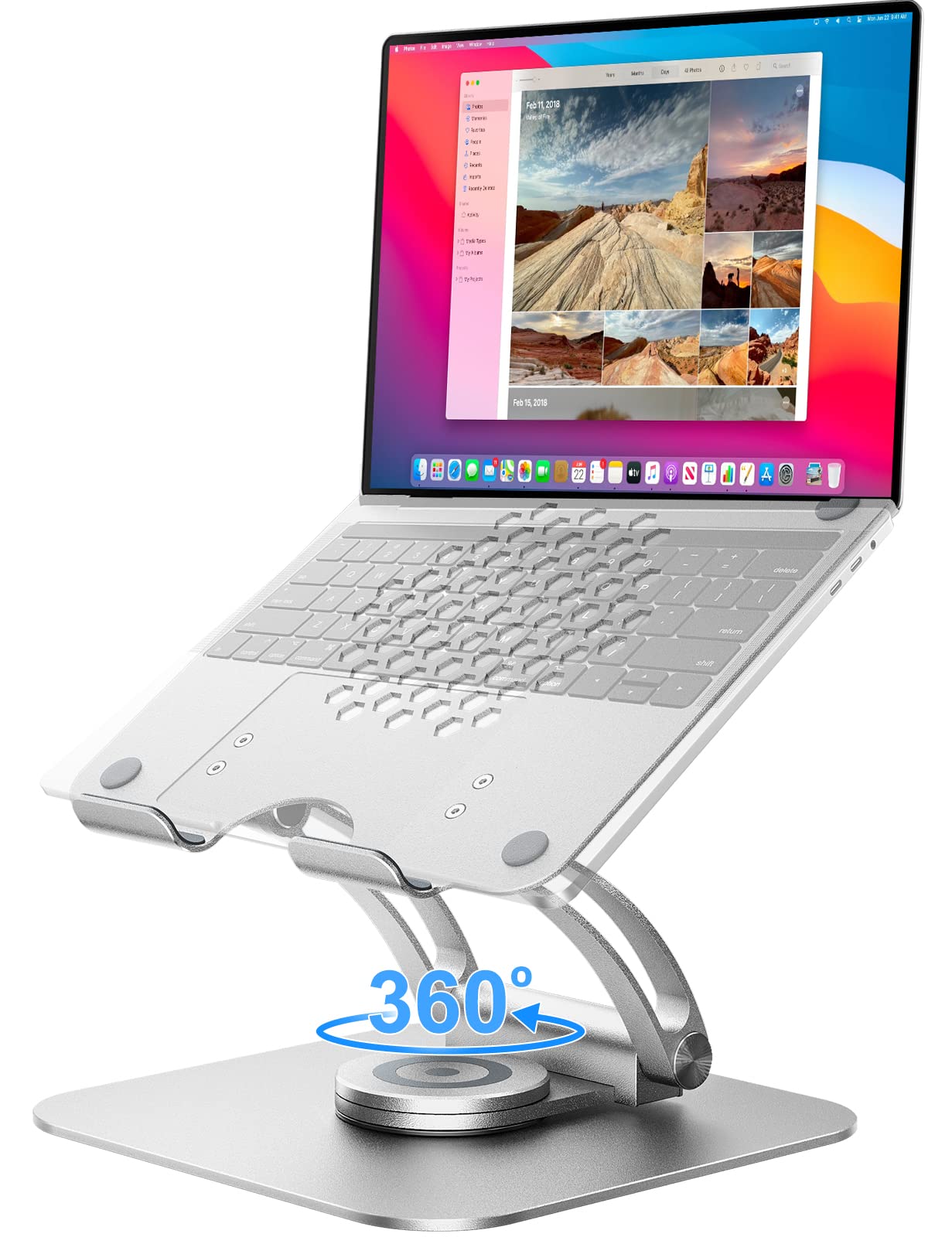 tounee Adjustable Laptop Stand for Desk, Ergonomic Holder with 360° Rotating Base, Portable Aluminum Computer Stand Laptop Riser Compatible with MacBook, Air, Pro, All Laptop 10-16"-Silver
