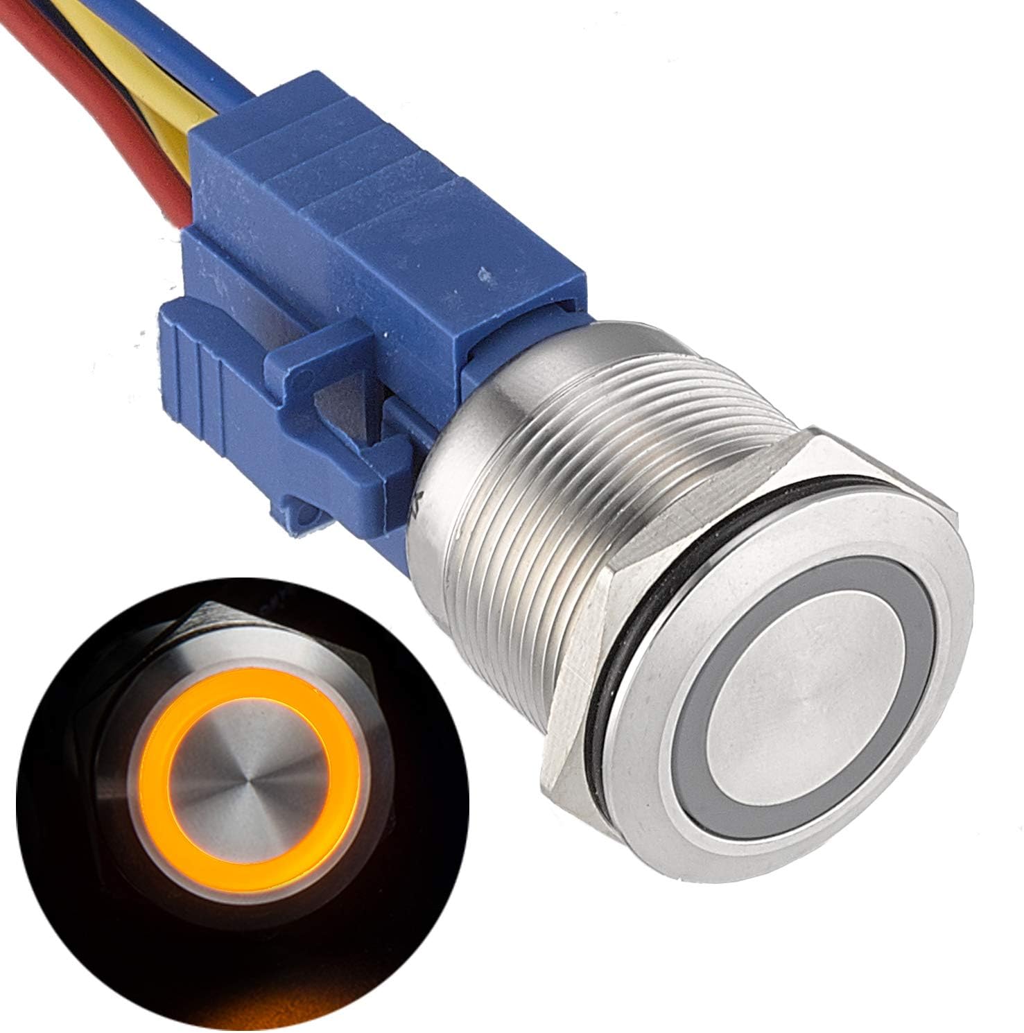 APIELE 22mm Latching Push Button Switch 12V DC Angel Eye LED Waterproof Stainless Steel Round Metal 1NO1NC Self-Locking for 7/8'' Mounting Hole 1 Pack (Yellow)
