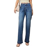 Wide Leg Jeans for Women High Waisted with Vintage Hem, Stretchy Straight Leg Womens Jeans with 4 Patch Pockets