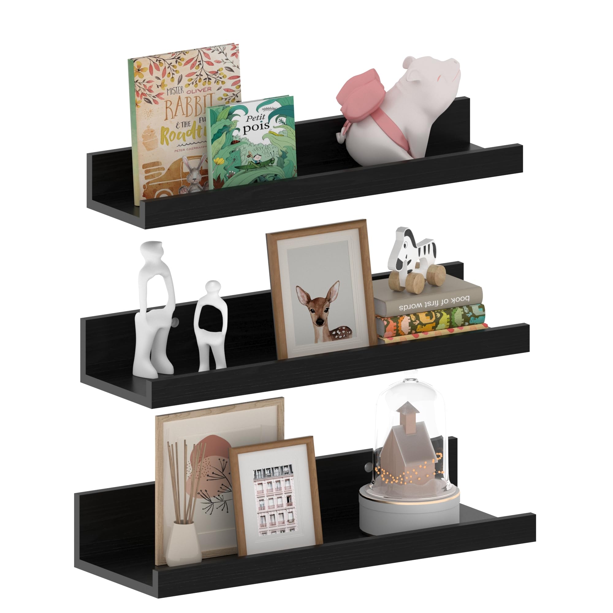 EXYGLO 16 Inch Black Floating Shelves for Wall Set of 3, Wood Picture shelves Wall Mounted Shelves for for Bedroom, Kitchen, Bathroom, Living Room, Office