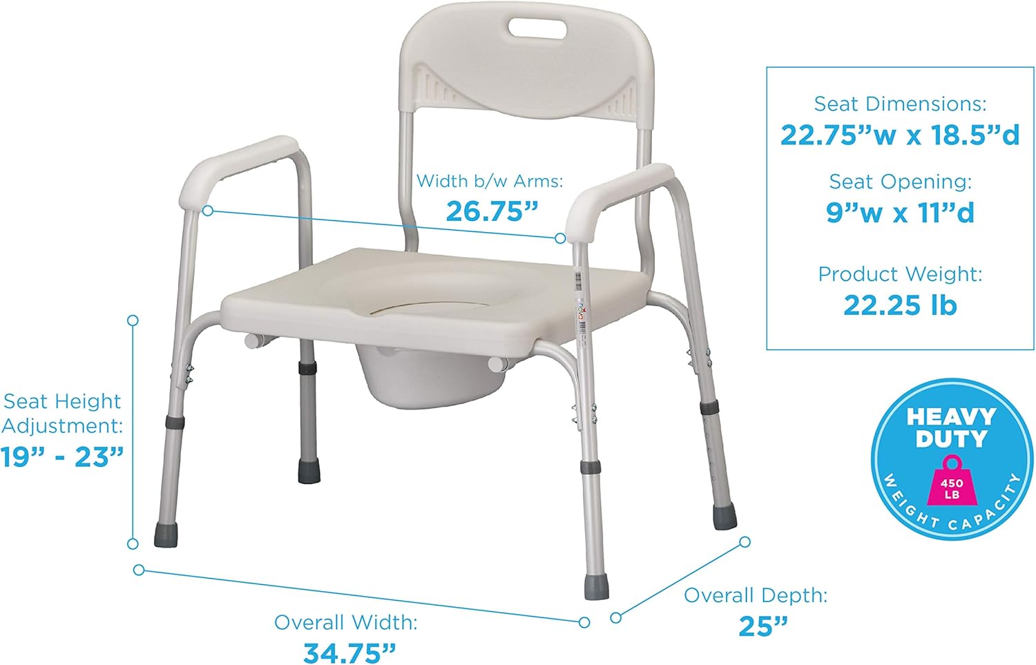NOVA Heavy Duty Bedside Commode, Extra Wide Seat, 450 lb. Weight Capacity, Seat Height Adjustable, Stand Alone or Over Toilet Commode, White: Health & Personal Care