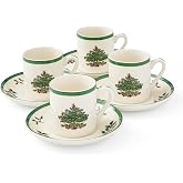 Spode Christmas Tree Espresso Cup &amp; Saucer Set - 3 Oz, Set of 4 | Festive Earthenware Espresso Cup &amp; Saucer Set, Classic Christmas Tree Design - Microwave, Dishwasher &amp; Freezer Safe