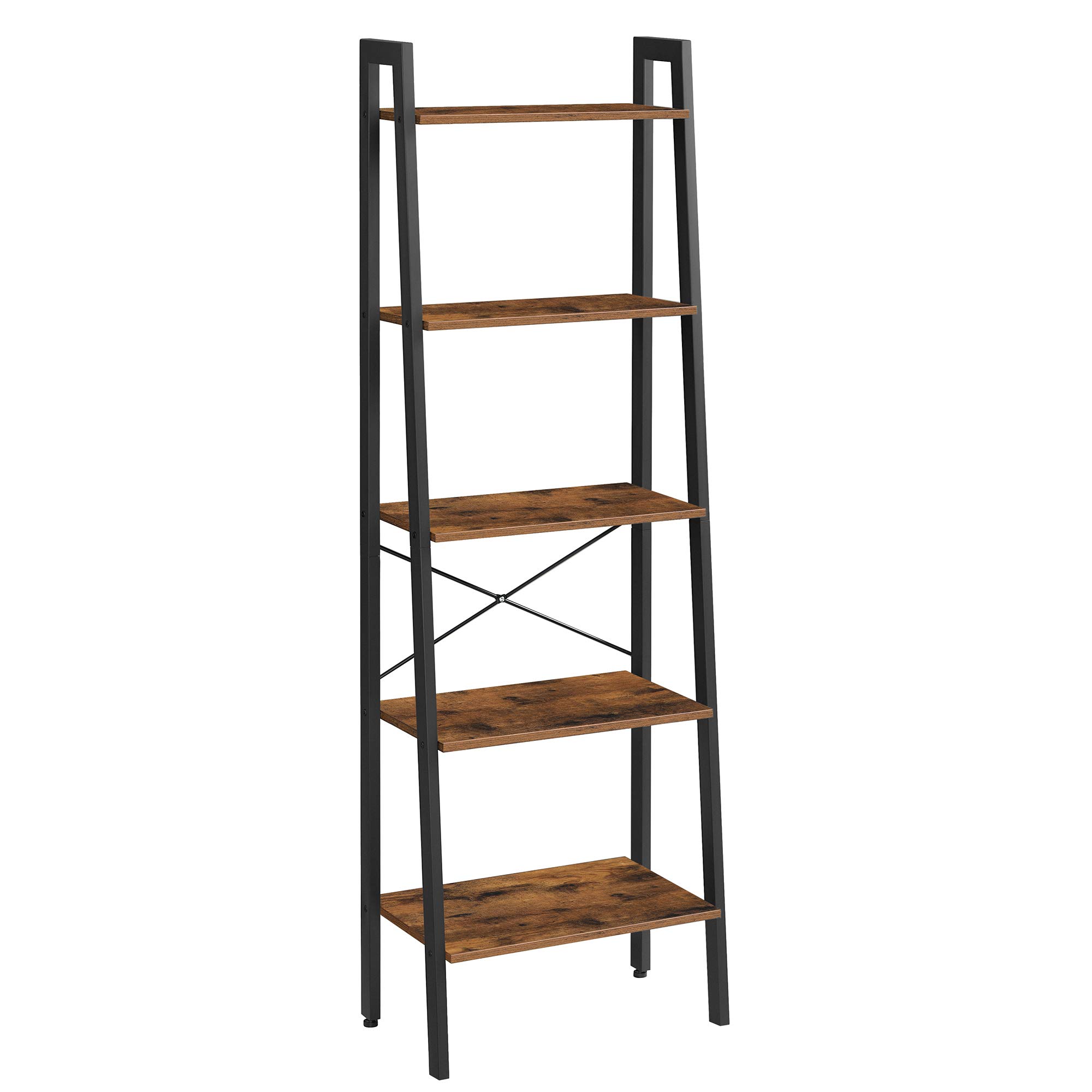 VASAGLE Ladder Shelf, 5-Tier Bookshelf, Storage Rack, Bookcase with Steel Frame, for Living Room, Home Office, Kitchen, Bedroom, Industrial Style, Rustic Brown and Ink Black ULLS45X