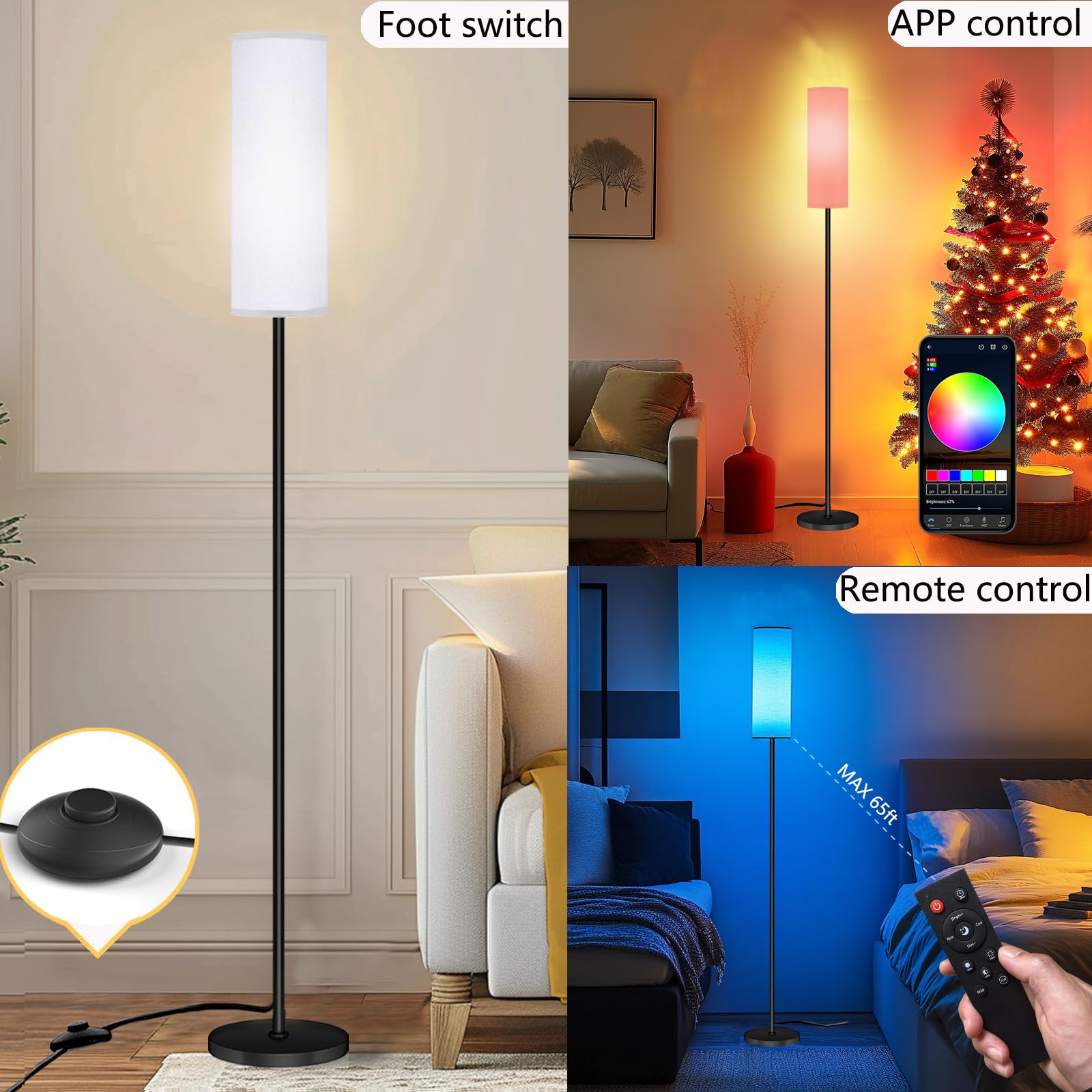 Smart LED Floor Lamp with APP Control & RGB Colors - Dimmable Standing Lamp for Living Room, Bedroom, Gaming - Remote, Timer, 9W Bulb Included, 67