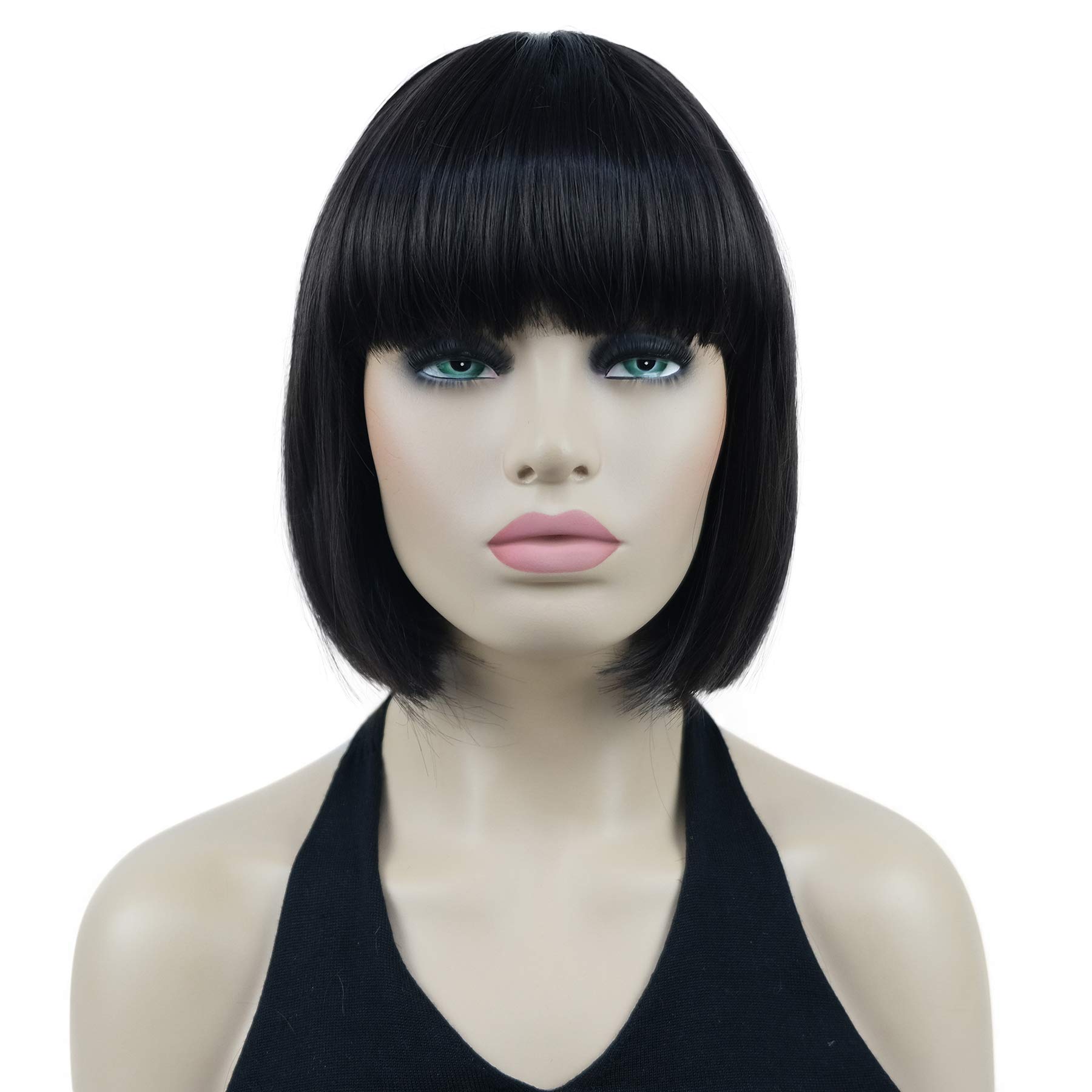 Lydell 8" Short Bob Hair Flat Bangs Cute Central Dot Skin Top Heat Resistant Synthetic Wigs (Dark Brown)