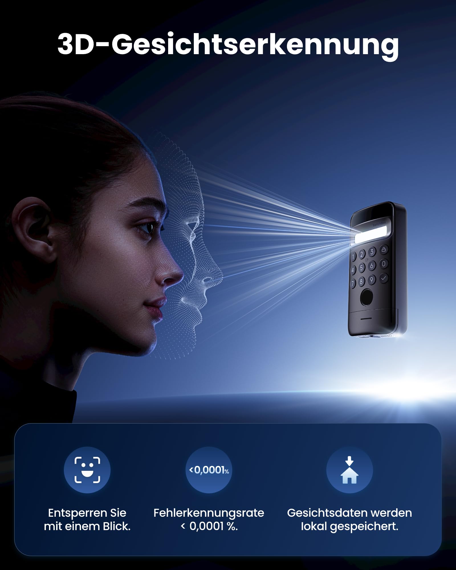 SwitchBot WiFi Smart Lock Ultra mit Keypad Vision Pro – 3D-Gesichts- & Venen-Erkennung, kontaktlose Entsperrung, passend für Europrofil-Zylinder, kompatibel mit Matter, Alexa, Google und IFTTT 3