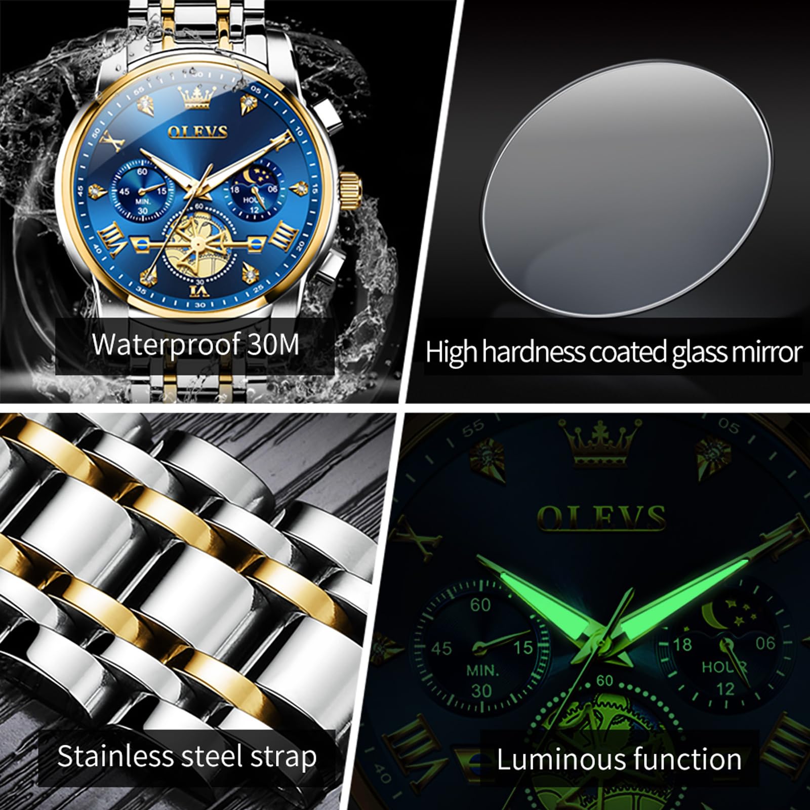 OLEVS Herren-Armbanduhr mit Zeitcode, Edelstahlarmband, Leuchtend, wasserdicht, multifunktional, Unterzifferblatt, Business-Kleid, Quarz, rund, Luxusuhren für Herren, 2856, zweifarbiges Armband mit 5