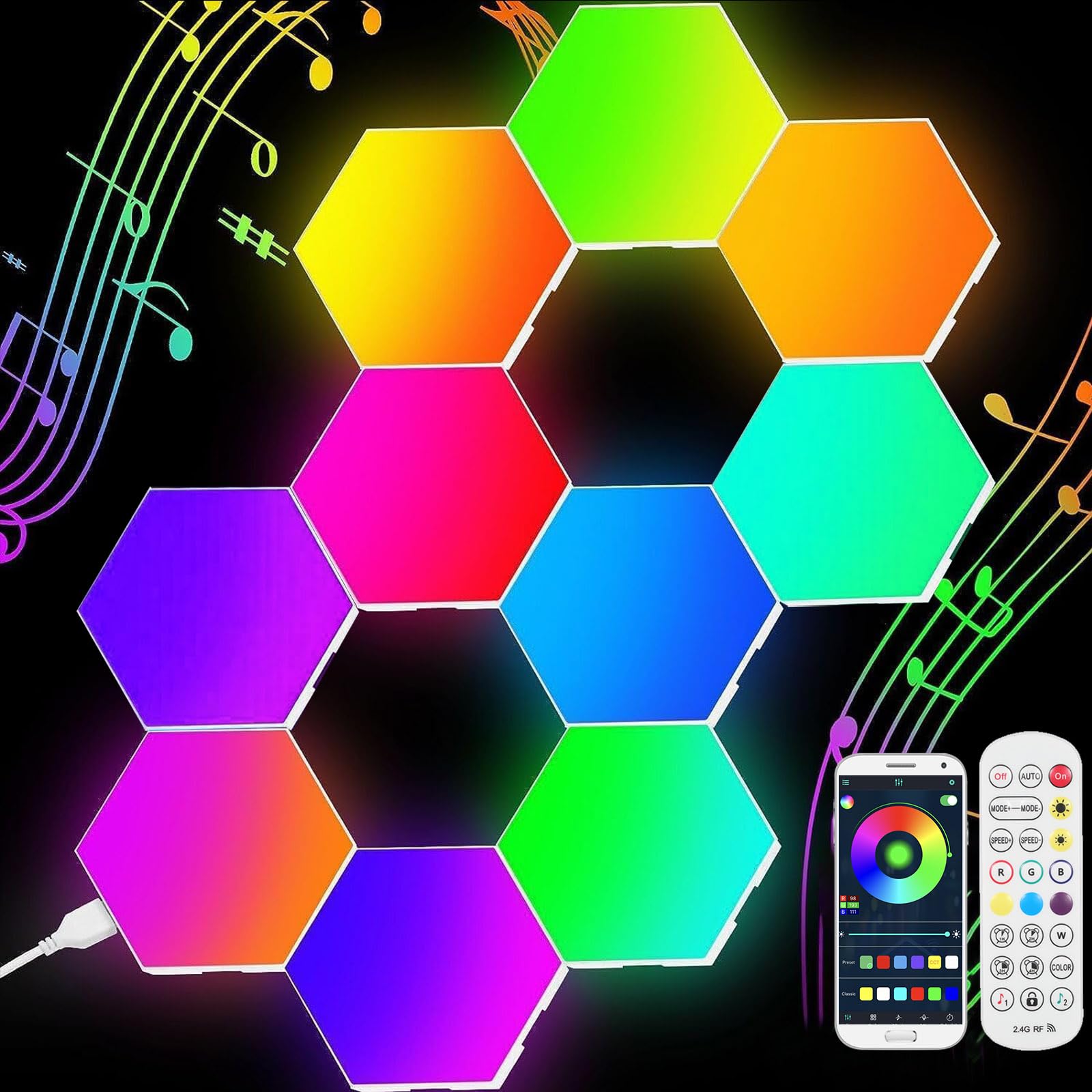 Neoglint 10PCS Hexagon LED Lights Sync to Music with Controller RGB Led Hexagon Light Panels Smart Wall Lights App Control Gaming Room Decor