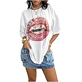 WDIRARA Women's Lip Graphic T Shirts Crew Neck Half Sleeve Tee Streetwear Tops