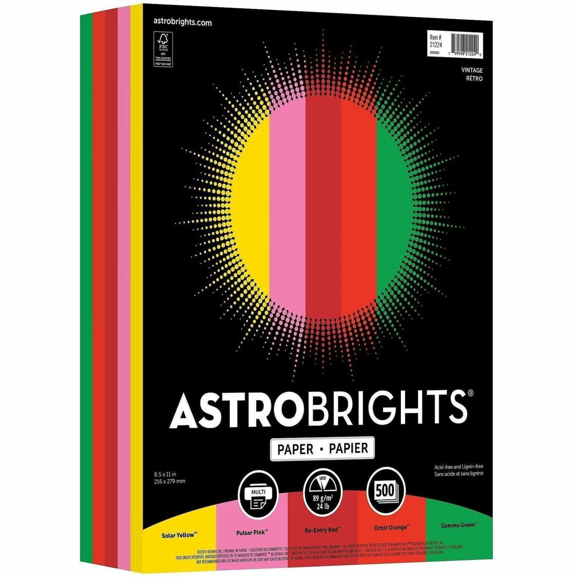 Bright Color Paper, Wausau Astrobrights®, Letter Paper Size, 24 Lb, Assorted Colors, Ream of 500 Sheets