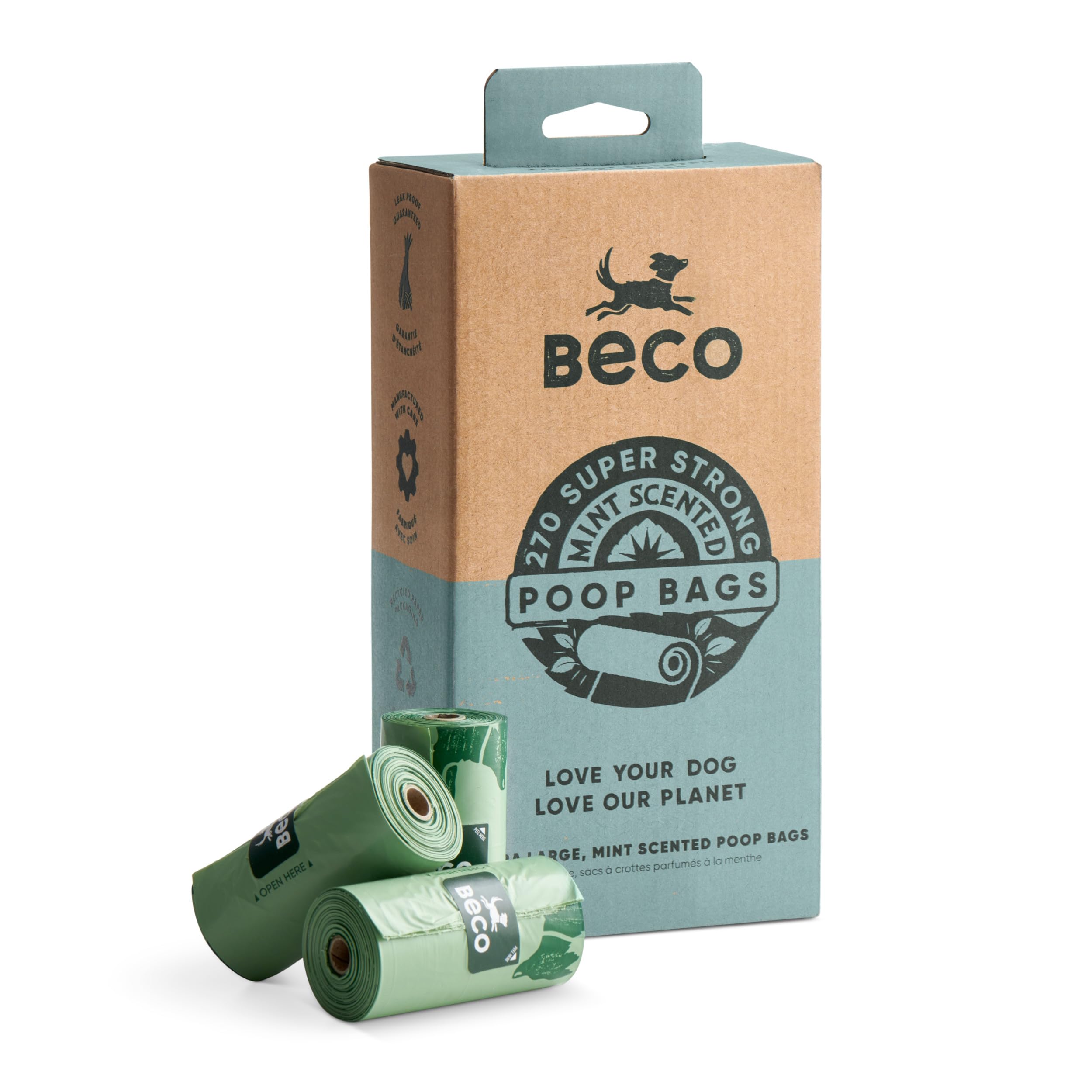 Beco Dog Poo Bags - Strong, Leakproof & Large - 100% Recycled Plastic, Extra Thick Dog Poop Bags, Heavy Duty - Mint Scented Refill Rolls, 270 Count