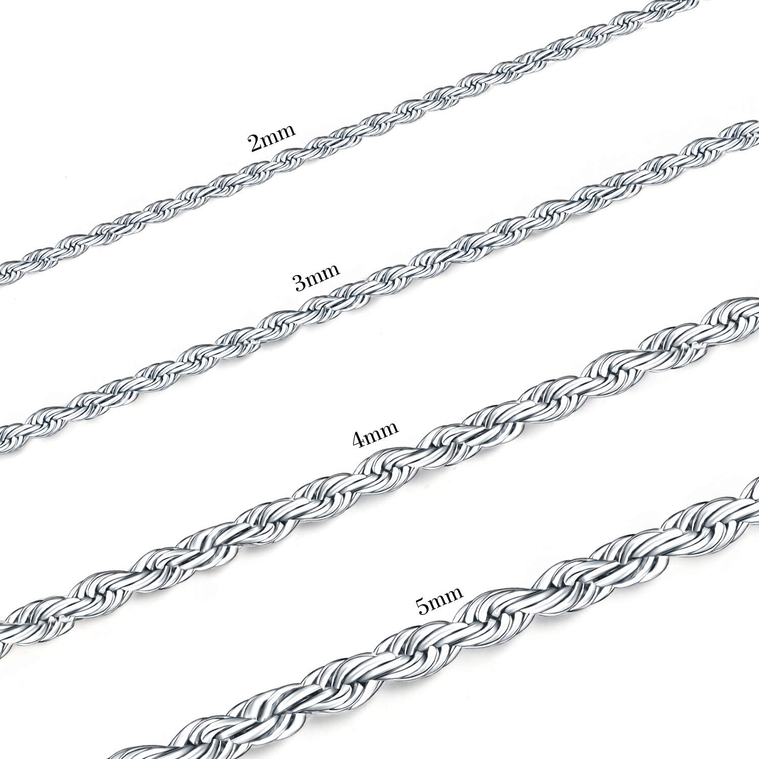 Kissyan Stainless Steel 2mm to 5mm Twist Rope Chain Necklace For Unisex Adult 16 to 32 Inch Option (3.0 mm-28 inch)