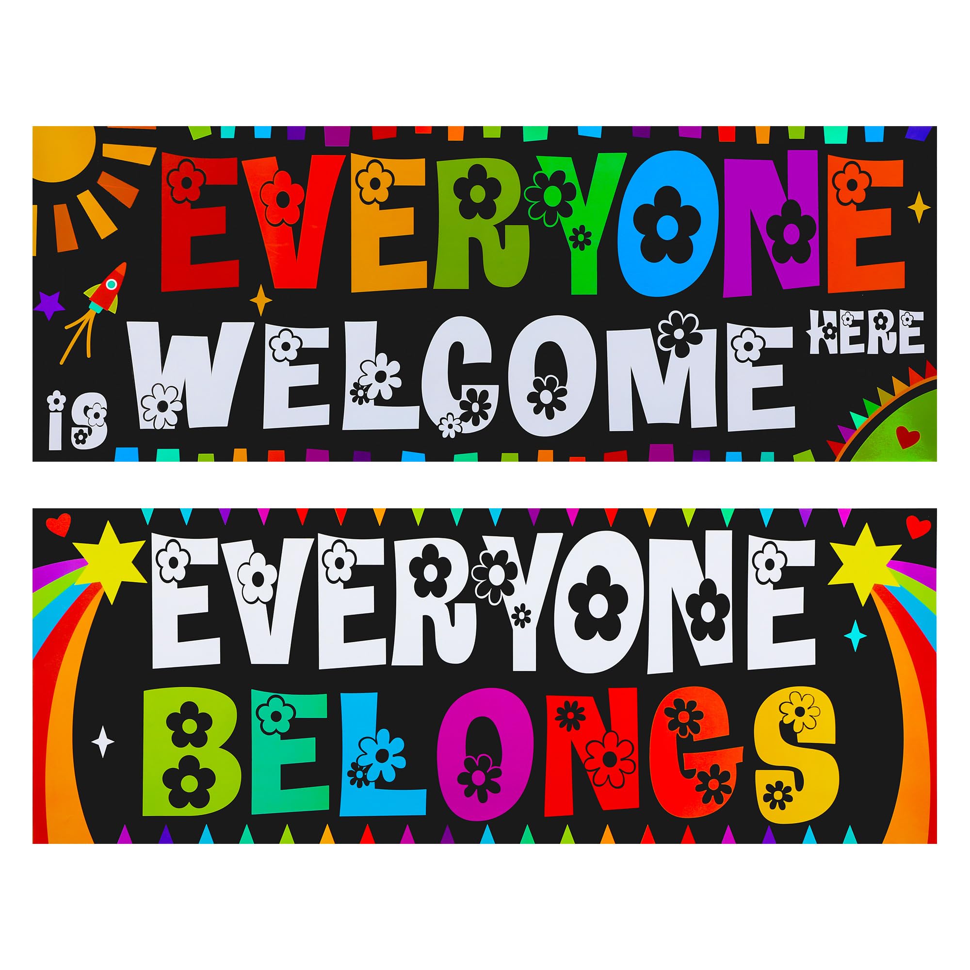 Photo 1 of First Day of School Classroom Posters Decorations, Everyone Is Welcome Bulletin Board Wall Decor 2 PCS Preschool Elementary Middle School Classroom Banner Welcome Sign for Classroom