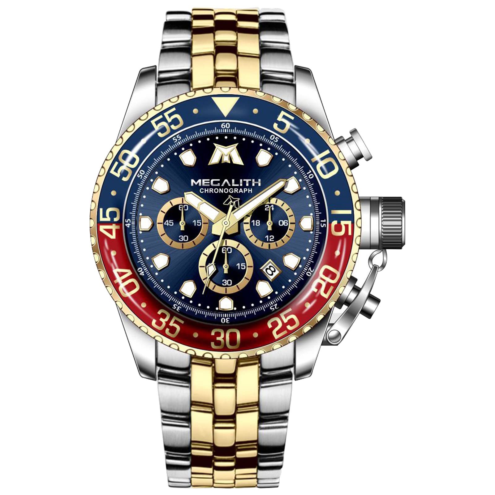 MEGALITH Mens Watches Stainless Steel: Analogue Gold Watch with Luminous Date - Waterproof Chronograph Wrist Watch - Gift for Business Dress Men
