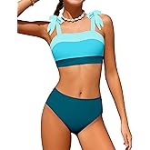 KANGKANG Girls Swimsuit Solid Color Block Adjustable Straps Teen Girl Bikini Set Kids Bathing Suits for Girls Size 7-16