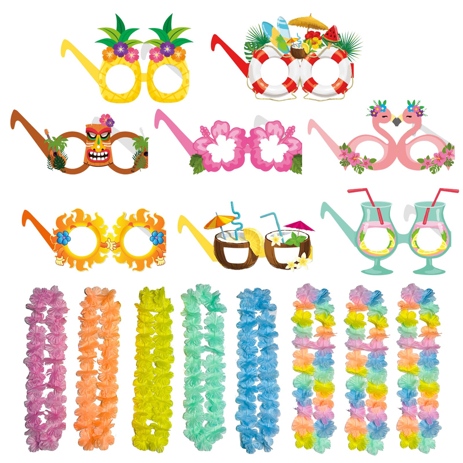 BSITSSS 16 PCS Hawaiian Party Accessories, Funny Hawaiian Accessories, 8 PCS Funky Glasses + 8 PCSHawaiian Garland, Beach Party Fancy Party Eyeglasses, Flower Garland Necklace, Luau Party Supplies