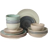 Gibson Home Stonebury 16 Piece Plates and Bowls Assorted Color Dishes - Handpainted Stoneware Dinnerware Set - Service for 4