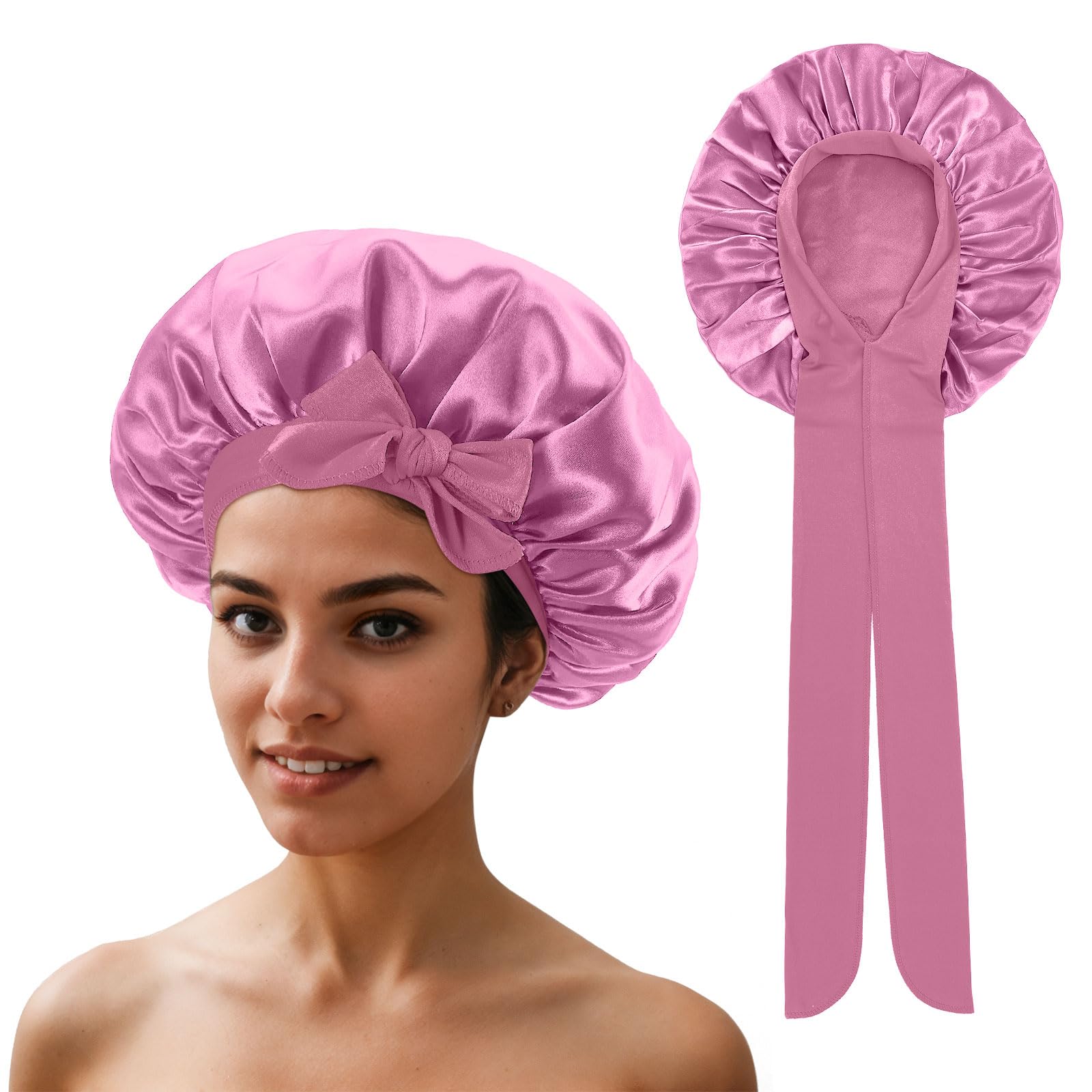 QIUTIMIY Satin Bonnet for Curly Hair,Bonnet Hair Wrap for Sleeping with tie, Hair Bonnet for Long Braid Hair,Pink
