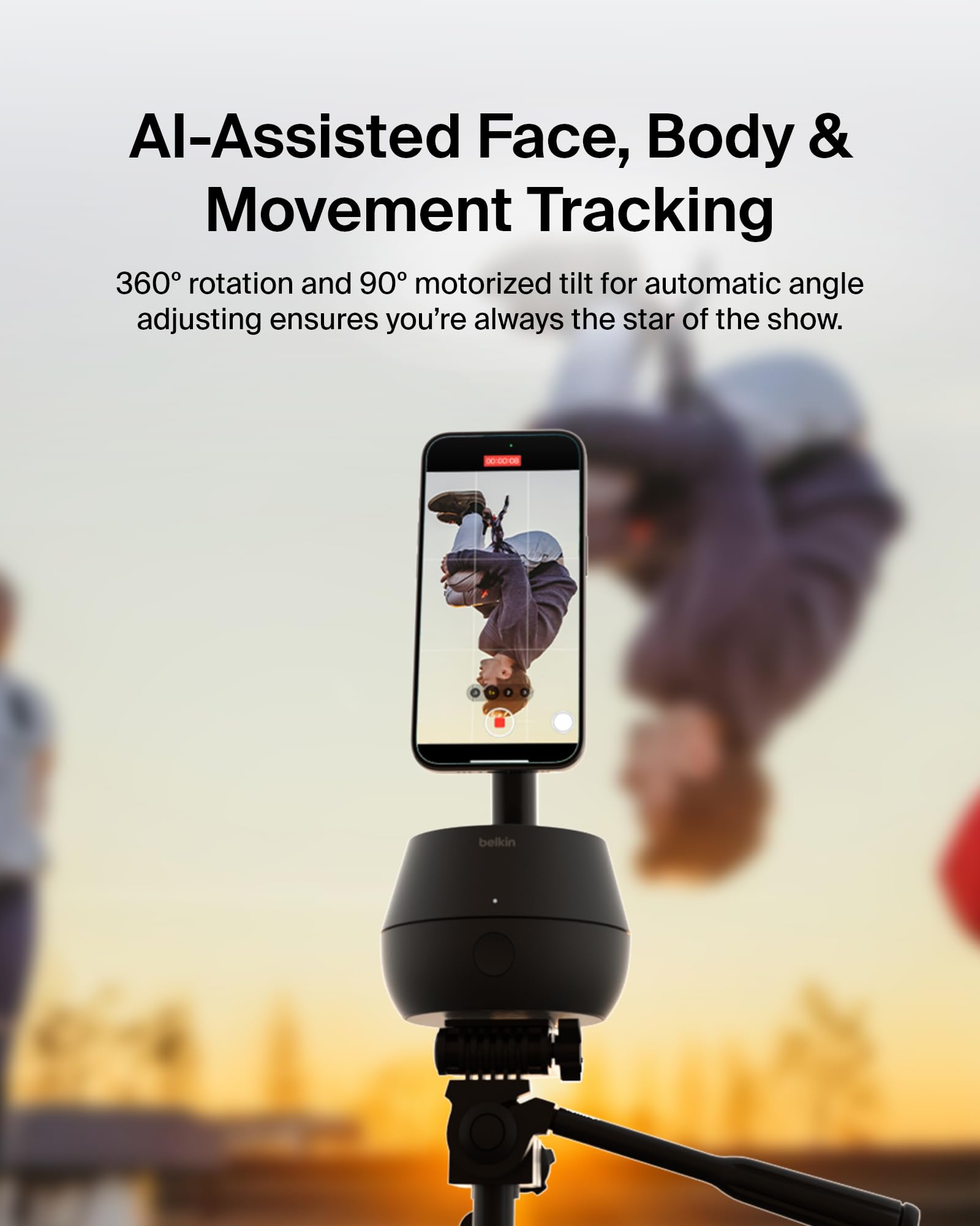 Belkin Wireless Charger Stand, Auto Face Tracking, Apple DockKit Certified, Tripod & MagSafe Compatible, No App Required, 360° Rotation, Influencer Content, Works w/FaceTime, TikTok, YouTube, etc.