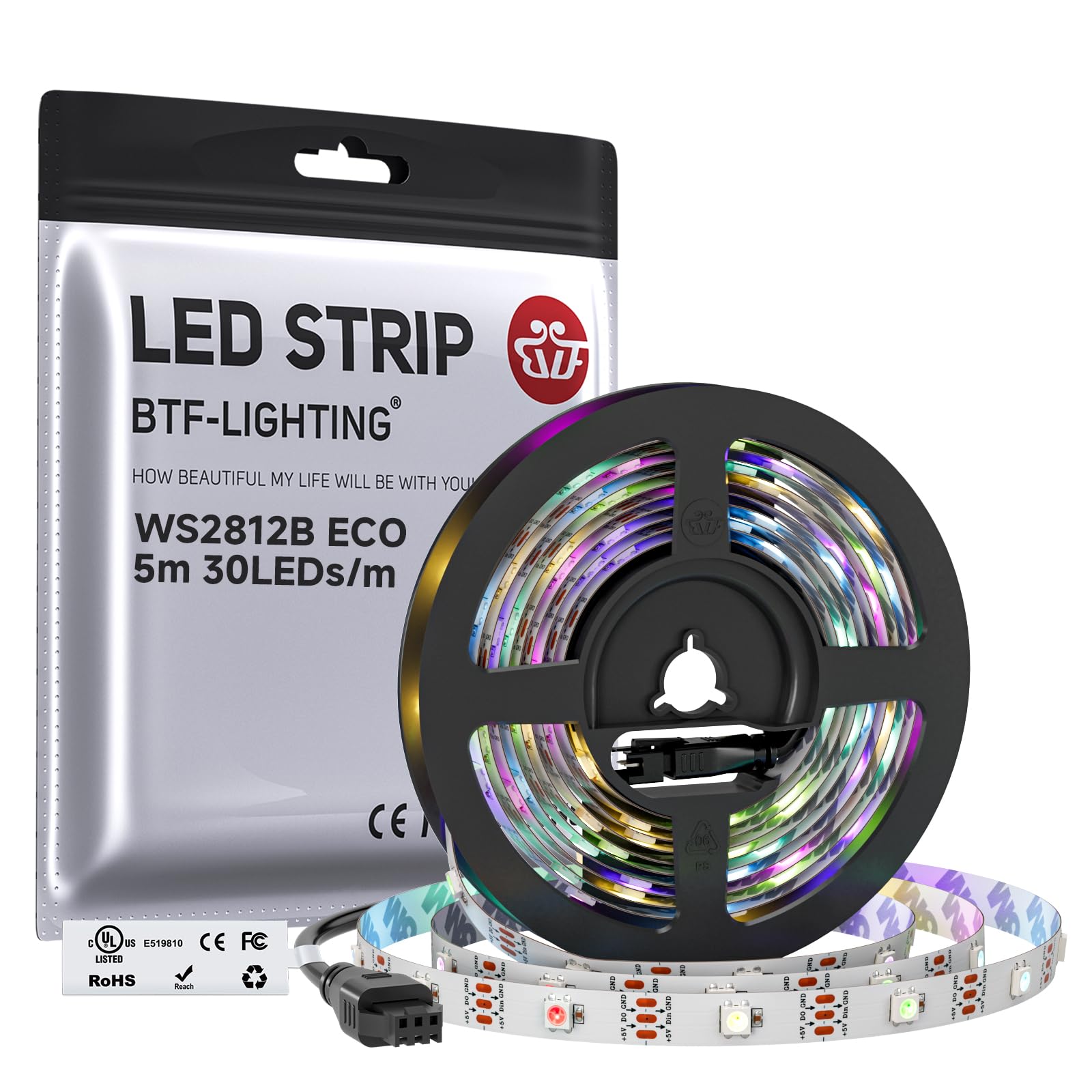 BTF-LIGHTING WS2812E ECO RGB Alloy Wires 5050SMD Individual Addressable 16.4FT 30Pixels/m 150Pixels Flexible White PCB Full Color LED Pixel Strip Dream Color IP30 Non-Waterproof DIY Projects Only DC5V