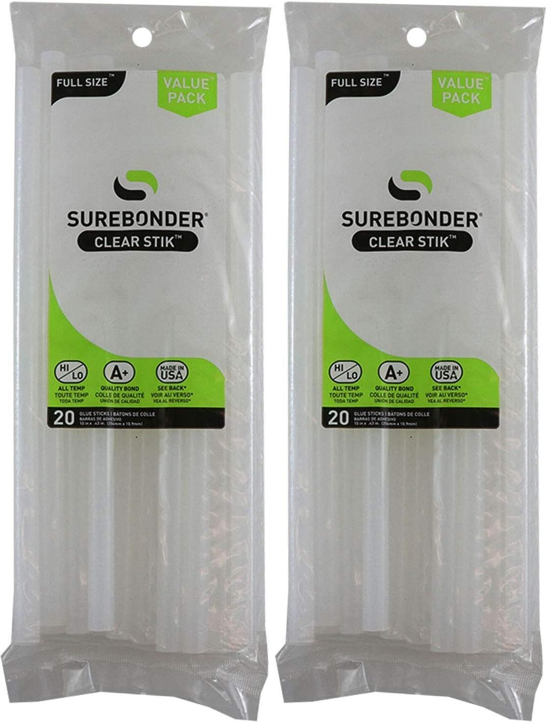 Surebonder Made in the USA All Purpose Stick Glue Sticks-All Temperature-Clear 7/16" D, 10" L Glue Stick-20 Sticks per Bag -