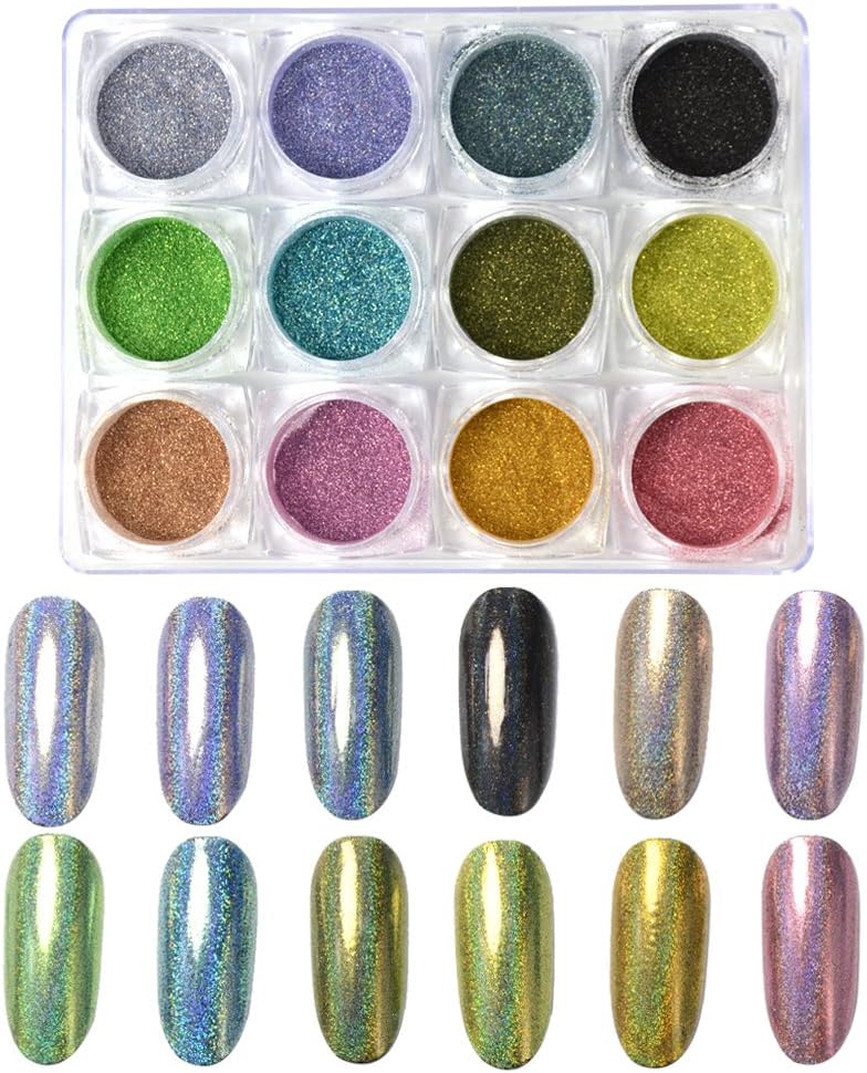 MEILINDS 12 Colours Holographic Laser Rainbow Iridescent Powder Sparkle Laser chunky nail powder for Nail Art Decoration