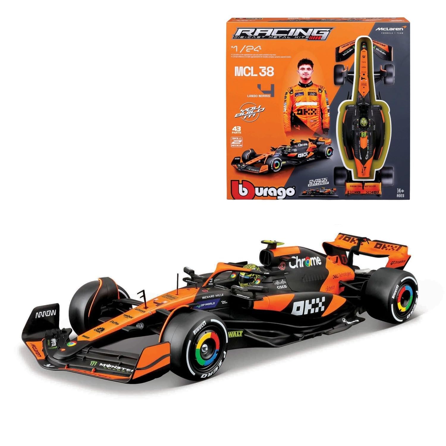 Bburago Model Kit McLaren MCL38 (2024) #4 Norris 1:24 Scale, 42-Piece Assembly Kit, Detailed F1 Replica with Official Licence