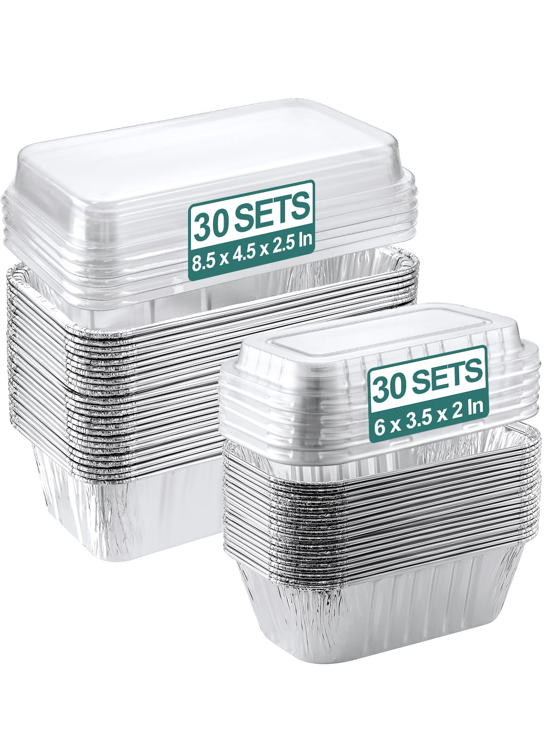 Photo 1 of NEEBAKE 60 Pack Disposable Aluminum Loaf Pans with Lids Combo Set - 30 Pack 8.5x4.5x2.5 Foil Loaf Pans & 30 Pack 6x3.5x2 Mini Tin Foil Baking Pans Tin Trays Food Containers for Baking Cakes Bread Meat