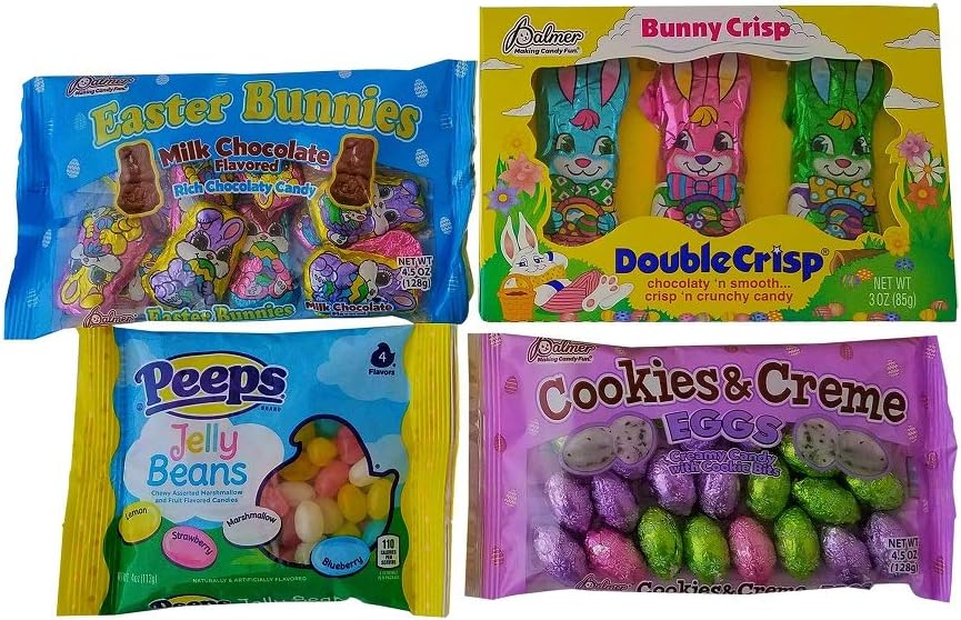 Easter Hunt Candy Basket Stuffers - Assortment of Individual Wrapped Chocolate eggs and bunnies , Crisp 'n Crunchy Bunnies, Peeps Jelly Beans
