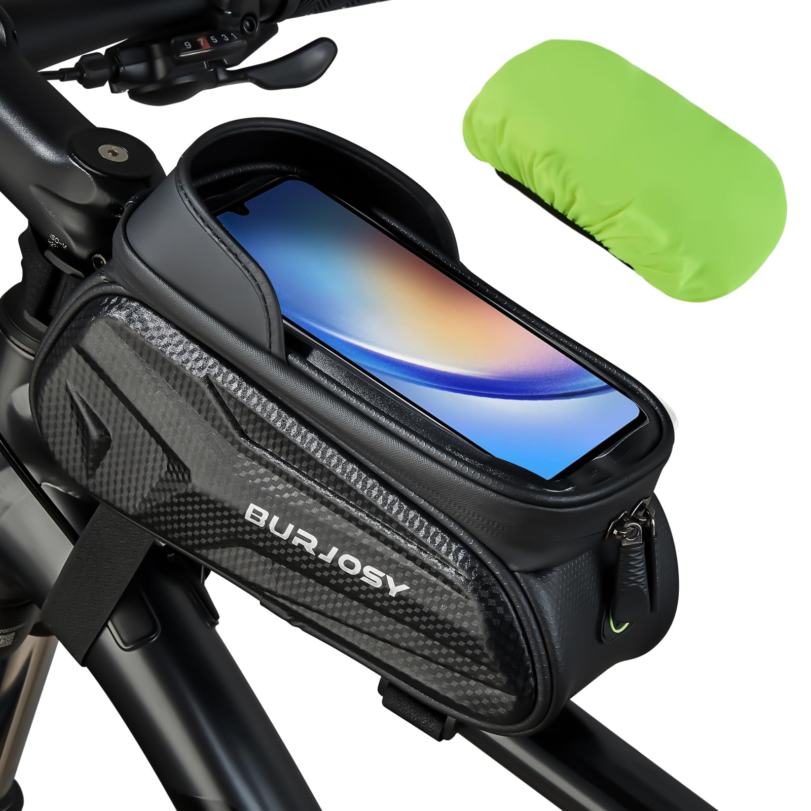 Burjosy Bike Frame Bag, Waterproof Top Tube Bag with Sun-Visor, Bike Phone Holder with TPU Sensitive Touch Screen, Bicycle Handlebar Bag Bike Accessories with Rain Cover