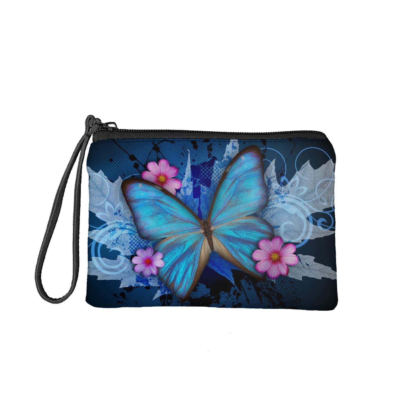 MODEGA Teens Girls Coin Purse Change Pouch Blue Butterfly Flower Wallet Women Canvas Blue Mini Handbags with Wristlet Zip Around, Cell Phone Wallets Bag for Wife Birthday