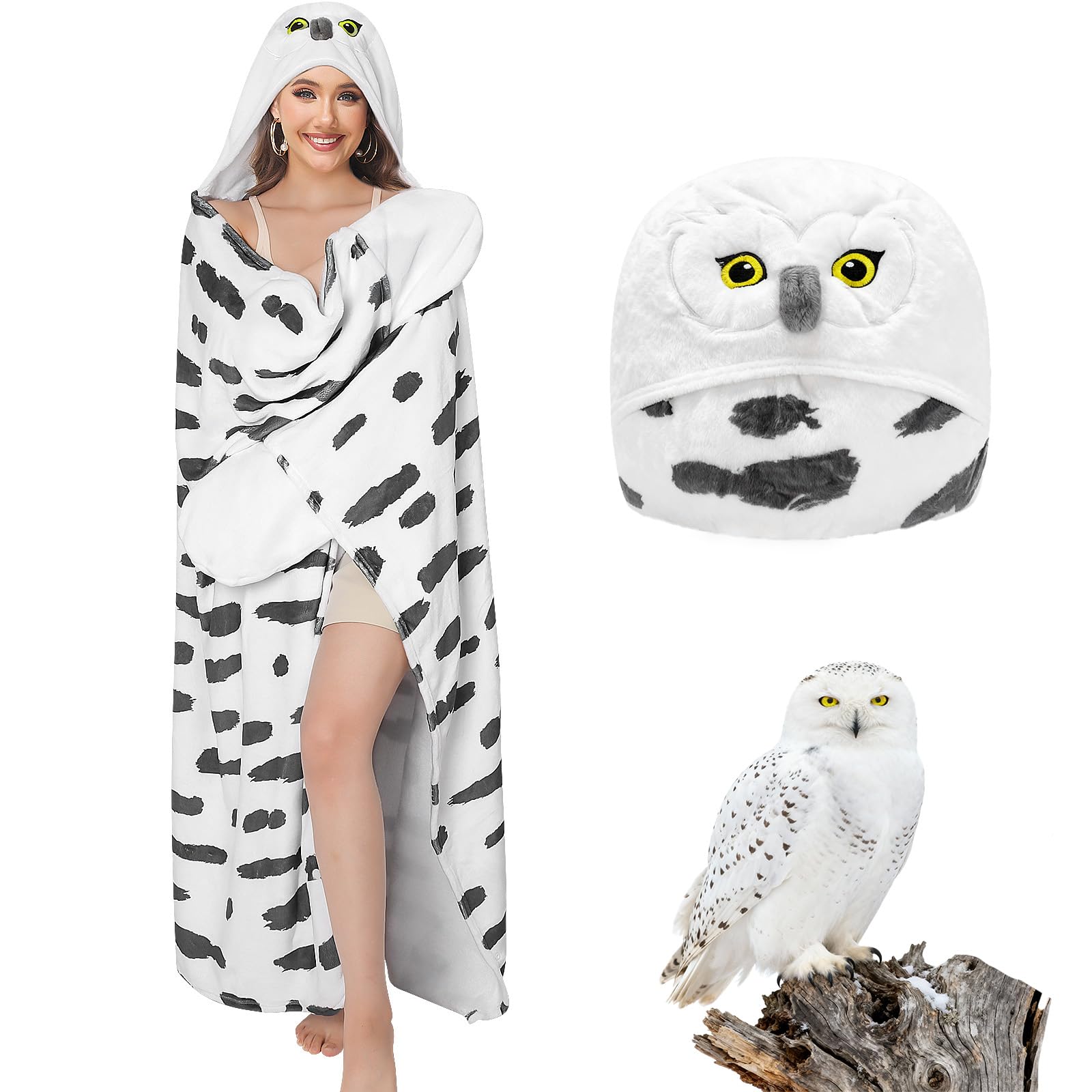 Pewjury Snow Owl Blanket with Sleeves, Hood and Gloves, Animal Pattern Cuddly Flannel Gifts for Women (White, Thick, 130 x 160 cm)