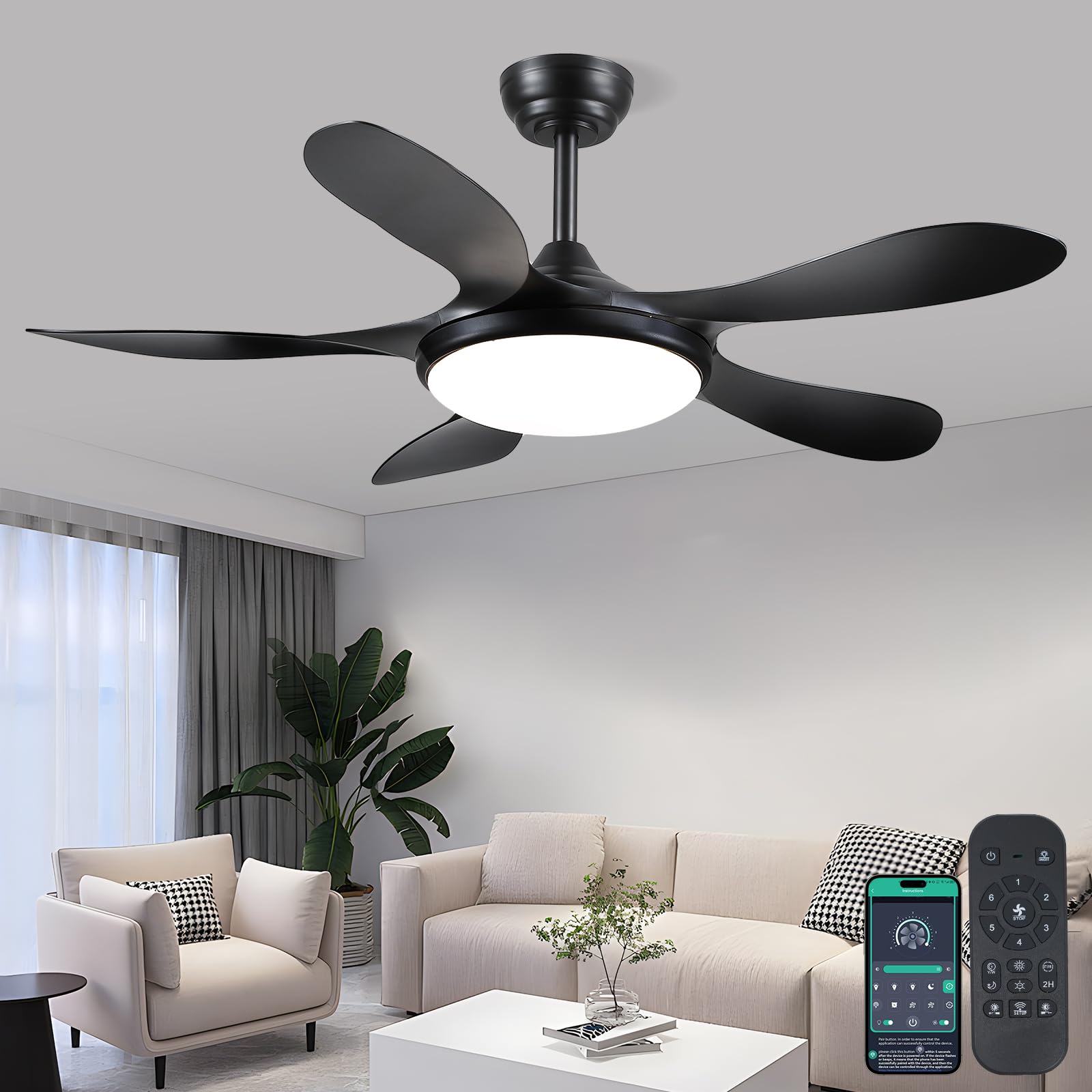 Photo 1 of Ceiling Fans with Lights and Remote, 46 Inch Black Ceiling Fan for Bedroom with 5 Reversible Blades, Modern Ceiling Fan Noiseless Reversible DC Motor, 6 Speeds, Timing