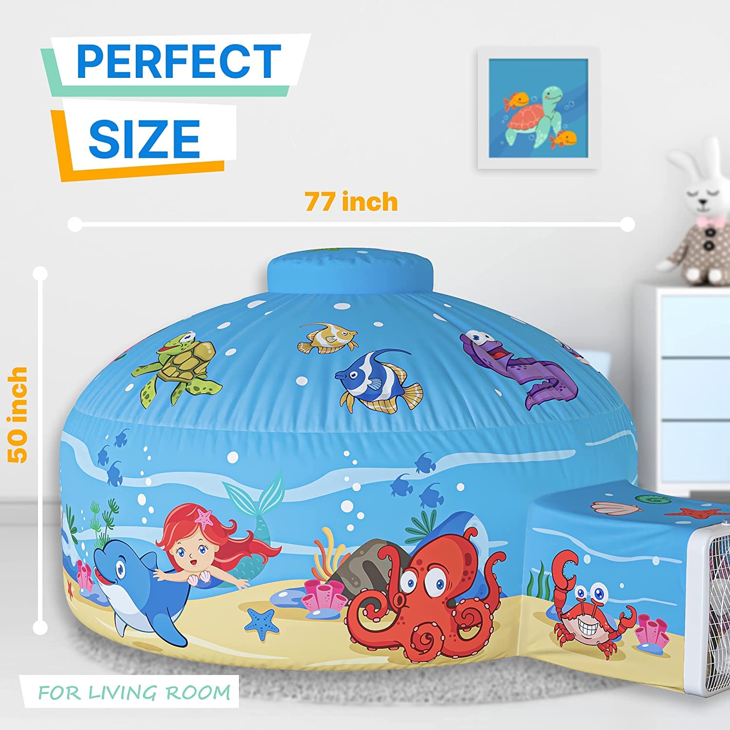 Skywin Inflatable Air Tent for Kids (77” x 50”), Perfect for Social or Solo Imaginative Play, Blow Up Tent, Sets Up and Stores Away in Seconds, Toddler Playhouse (Fan NOT Included) (Sea Explorer)