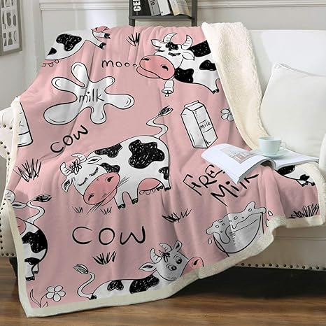 Amazon Com Sleepwish Cow Blankets And Throws Cartoon Cow Print Sherpa Fleece Blanket Cute Farm Animals For Teenage Girls Adults Warm Plush Throw For Bed Sofa Couch Pink Cow And Milk 60 X 80