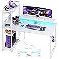 ODK Reversible Gaming Desk with USB Charging Port and LED Lights, 40 Inch Computer Desk with Storage Shelves & Monitor Stand, Writing Study Table for Home Office, Small Space Bedroom, White