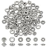 HOBBIESAY 90Pcs Antique Silver Spacer Beads Tibetan Style Beads Bulk 1-3mm Big Hole Bracelet Bead Small Flat Rondelle Flower Spacer Loose Bead 6 Styles for DIY Bracelet Necklace Jewelry Making Craft