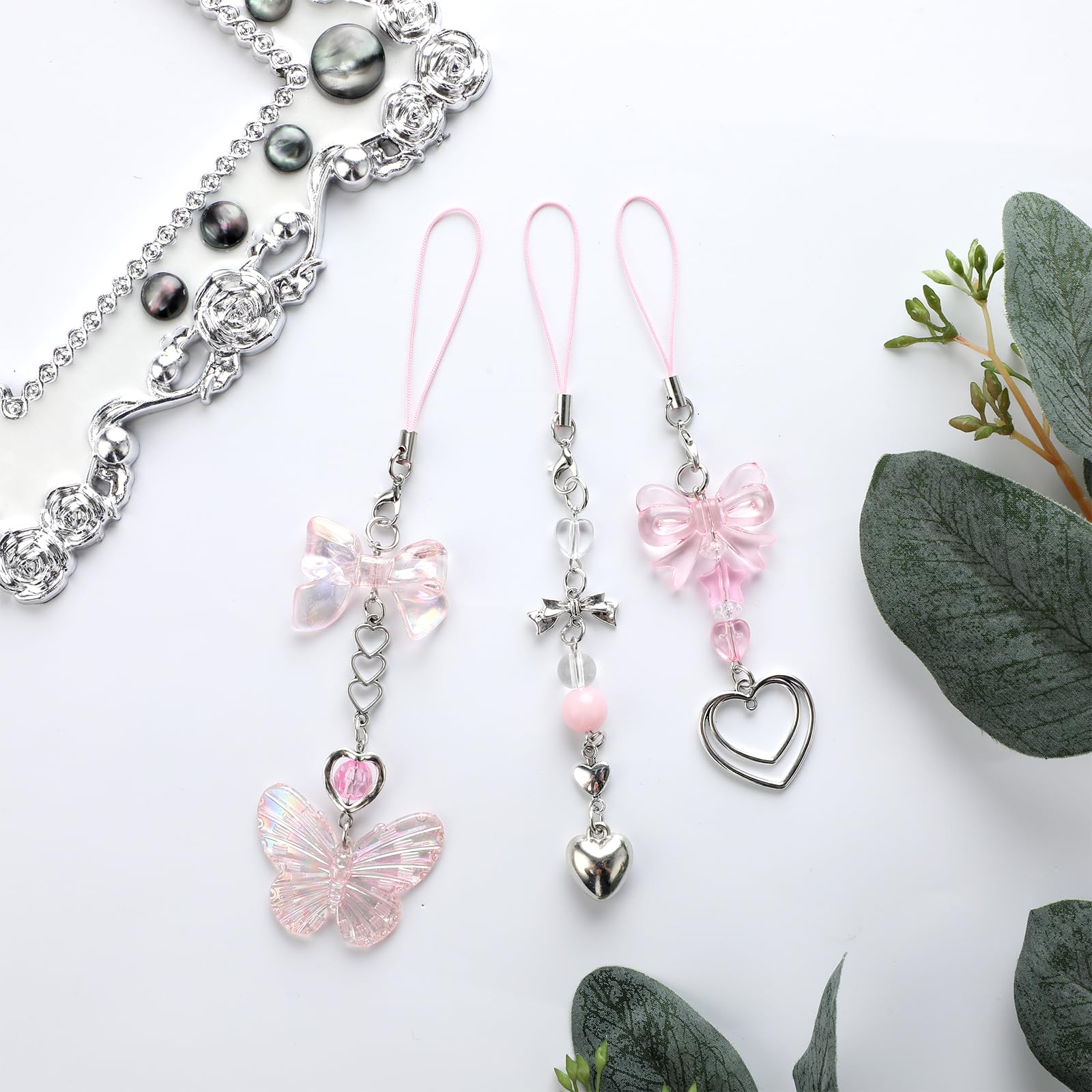 3 Pack Aesthetic Pink Butterfly Heart Shape Cute Y2K Cell Phone Charms for Bag Purse Backpack Camera Decor