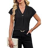 Blooming Jelly Womens Dressy Casual Blouse Business Casual Work Tops Metallic Accent V Neck Shirts Cap Sleeve Pleated Outfit