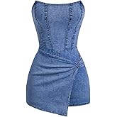 SOLY HUX Women's Y2k Tube Top Denim Romper Wrap Strapless Bodycon Short Jumpsuits