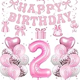 Miidenks 2nd Birthday Decorations for Baby Girls, Pink Bow Coquette 2 Birthday Balloons Set,33 Pieces, Includes Banner, Hanging Swirls, Balloons, Perfect for Girls' Party
