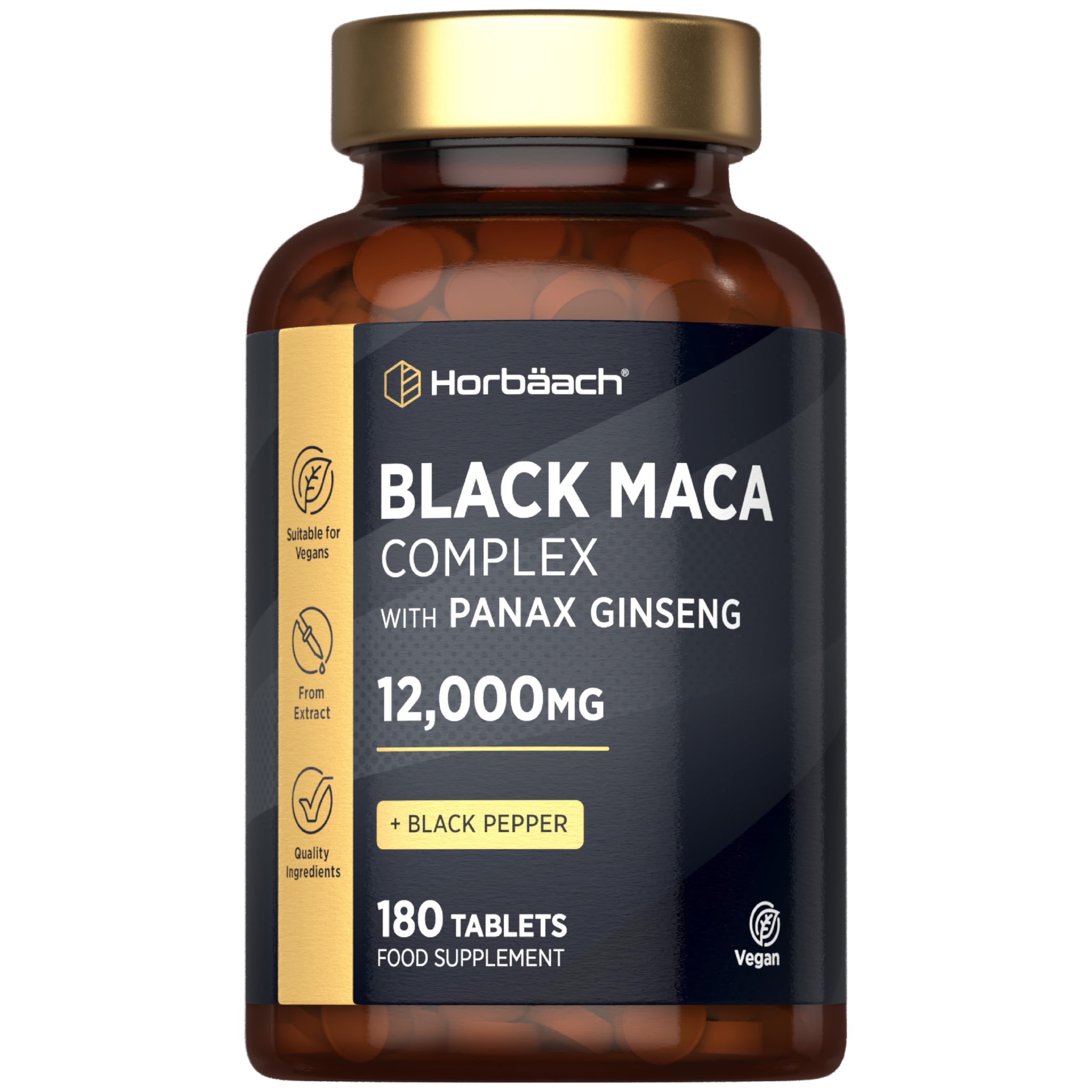 Black Maca Root 12,000mg (High Strength) | Complex with Black Maca, Panax Ginseng, Yellow Maca & Black Pepper | 180 Vegan Tablets | by Horbaach
