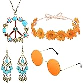 Hicarer Hippie Costume Accessories Include Sunglasses, Peace Sign Necklace, Boho Headband and Earring for 60s 70s Party
