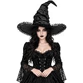 JPXH Women's Ruched Witch Hat with Lace Trim, Wide Brim Halloween Costume | Ruched witch hat with decorative lace trim and a wide brim for Halloween, cosplay, masquerade, and costume events.