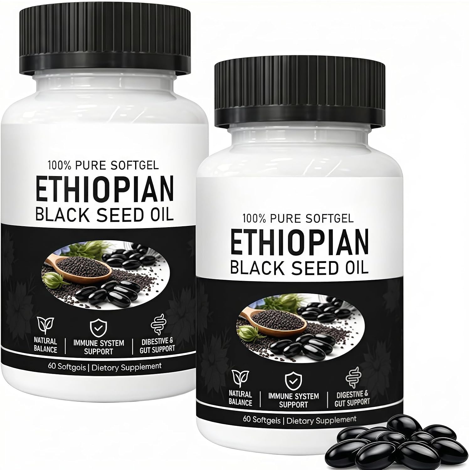 Ethiopian Black Seed Oil Capsules,Purely Nutrient Black Cumin Seed Oil from Nigella Sativa, Non-GMO Black Seed Oil Supplement Organic Cold Pressed, Easy-to-Swallow Softgels for Daily Wellness (2 Pack)