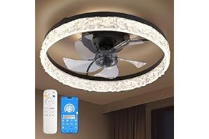 CubiCubi Ceiling Fans with Lights, 20 Inch Black Low Profile Ceiling Fans with Lights and Remote Control, APP, Modern Flush Mount Ceiling Fan with 6 Wind Speeds, Fandelier for Bedroom, Office